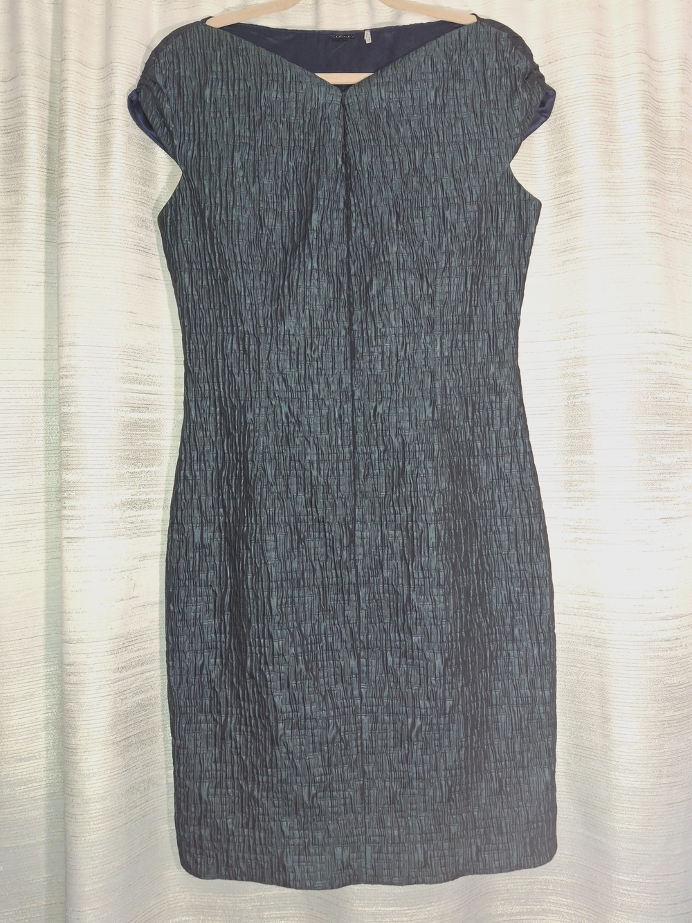 Elie Tahari Navy and Teal Textured Sheath Double Sided Midi Dress 12